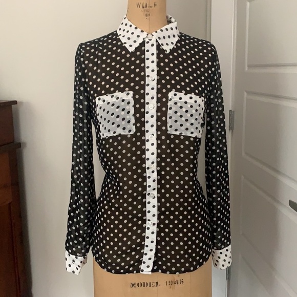 NWT INC Polka Dot Black White Contrast sheer blouse XXL - Picture 4 of 13